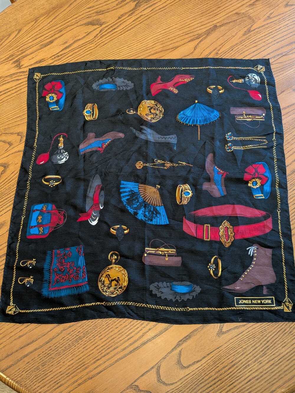 Jones New York Black Scarf with Blue, Red and Gold Accent Print. 100% Silk.